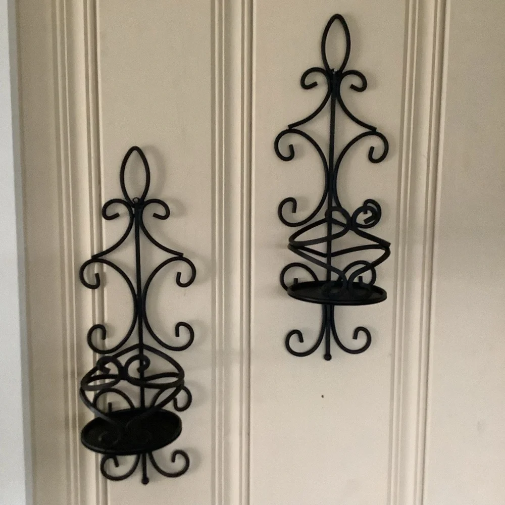 Vintage Black Coated Brass Swirl Wall Sconces Glass Candle Holders Candelabra